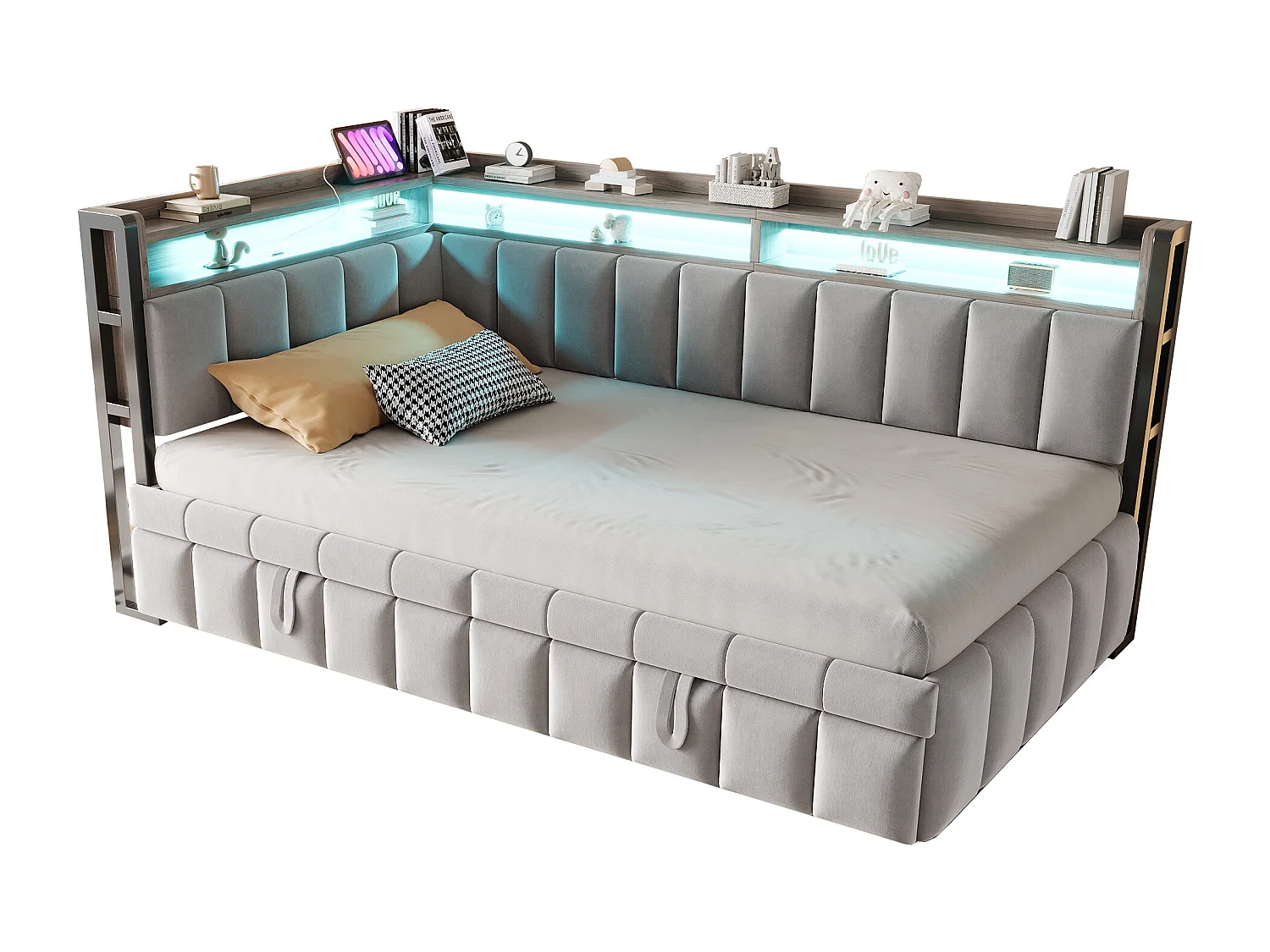 Lit banquette 90x200cm avec lit gigogne 90x190cm, éclairage LED, ports USB et Type-C, rangement, tissu velours gris clair