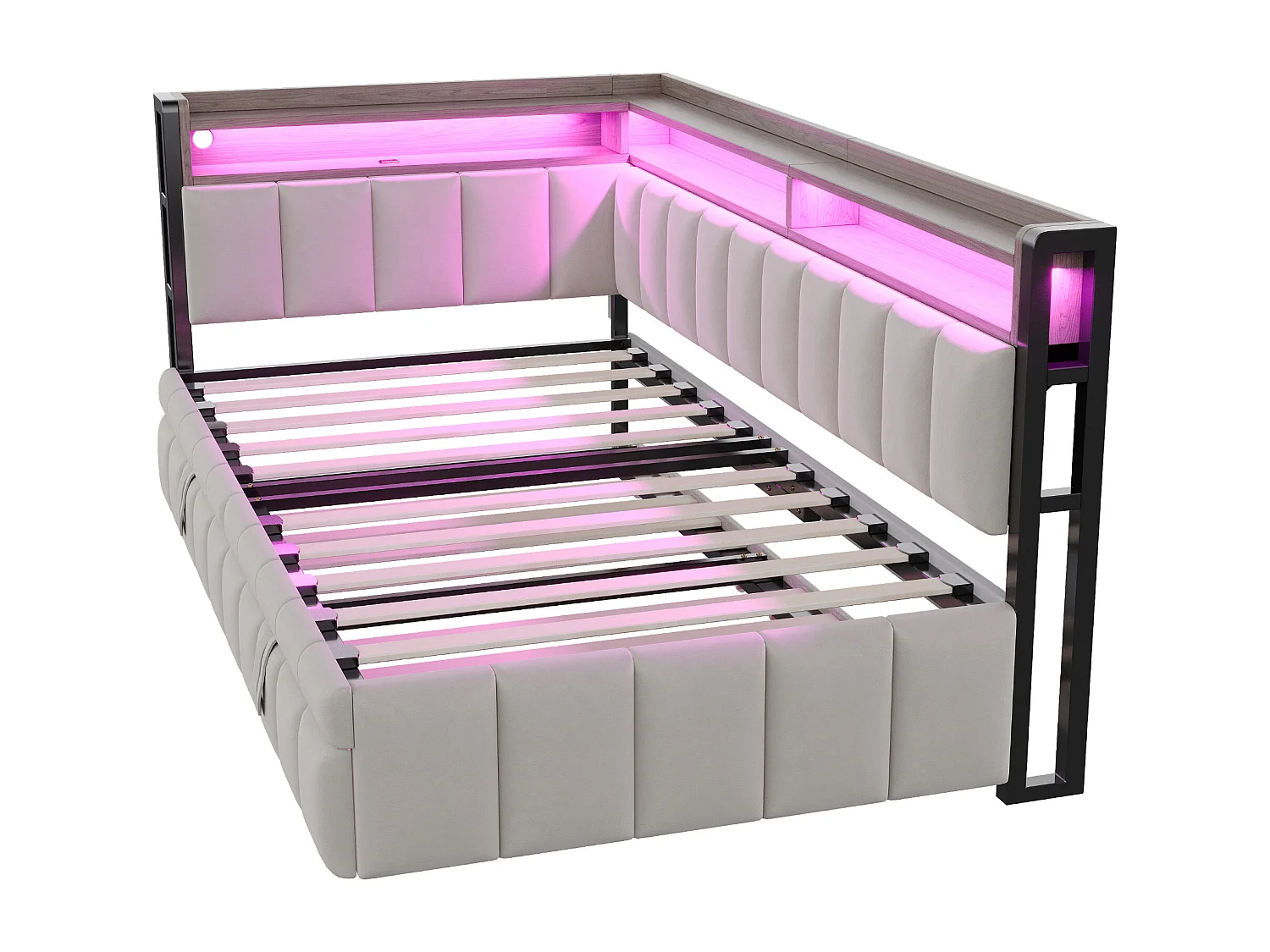 Lit banquette 90x200cm avec lit gigogne 90x190cm, éclairage LED, ports USB et Type-C, rangement, tissu velours gris clair