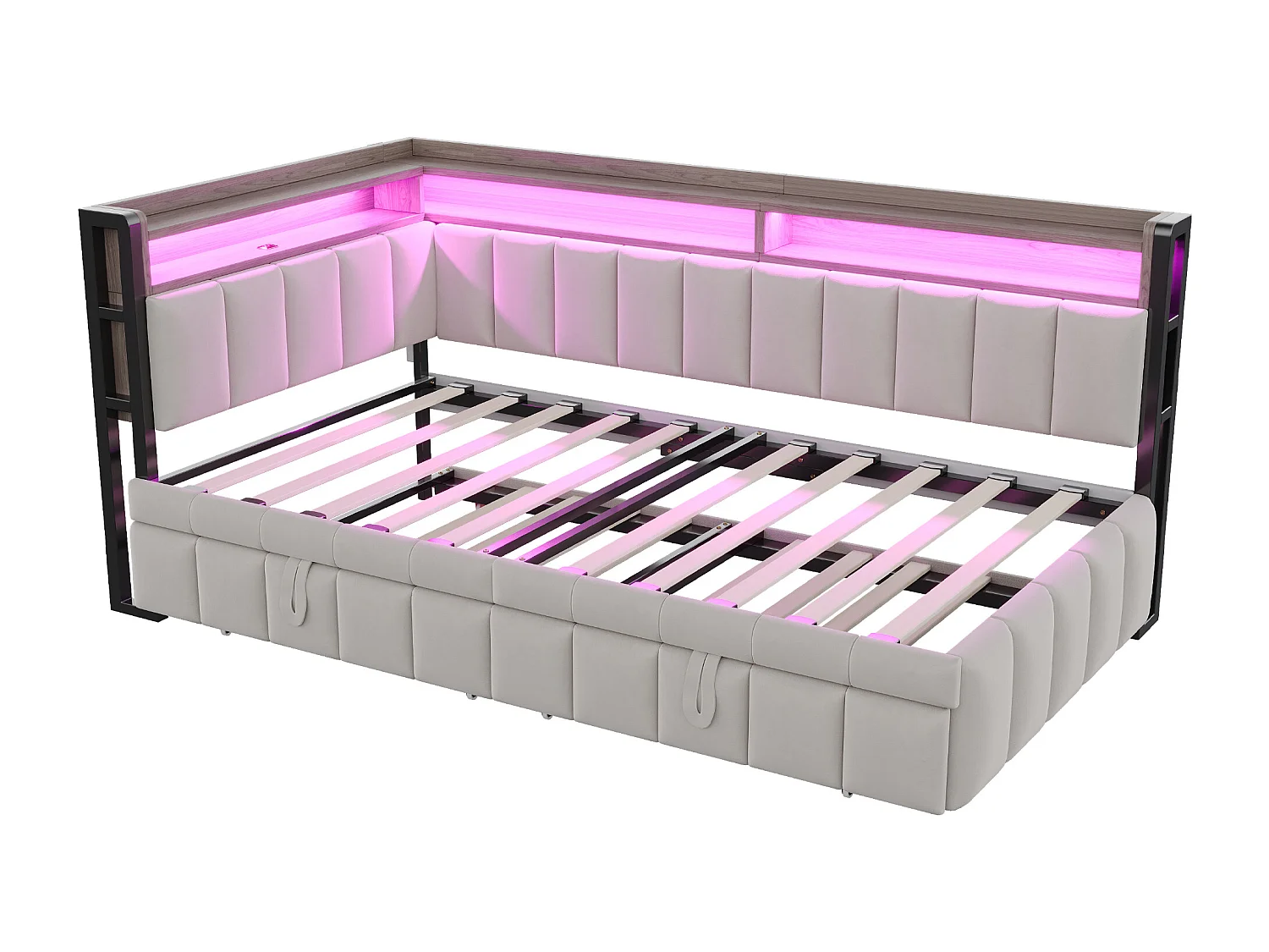 Lit banquette 90x200cm avec lit gigogne 90x190cm, éclairage LED, ports USB et Type-C, rangement, tissu velours gris clair