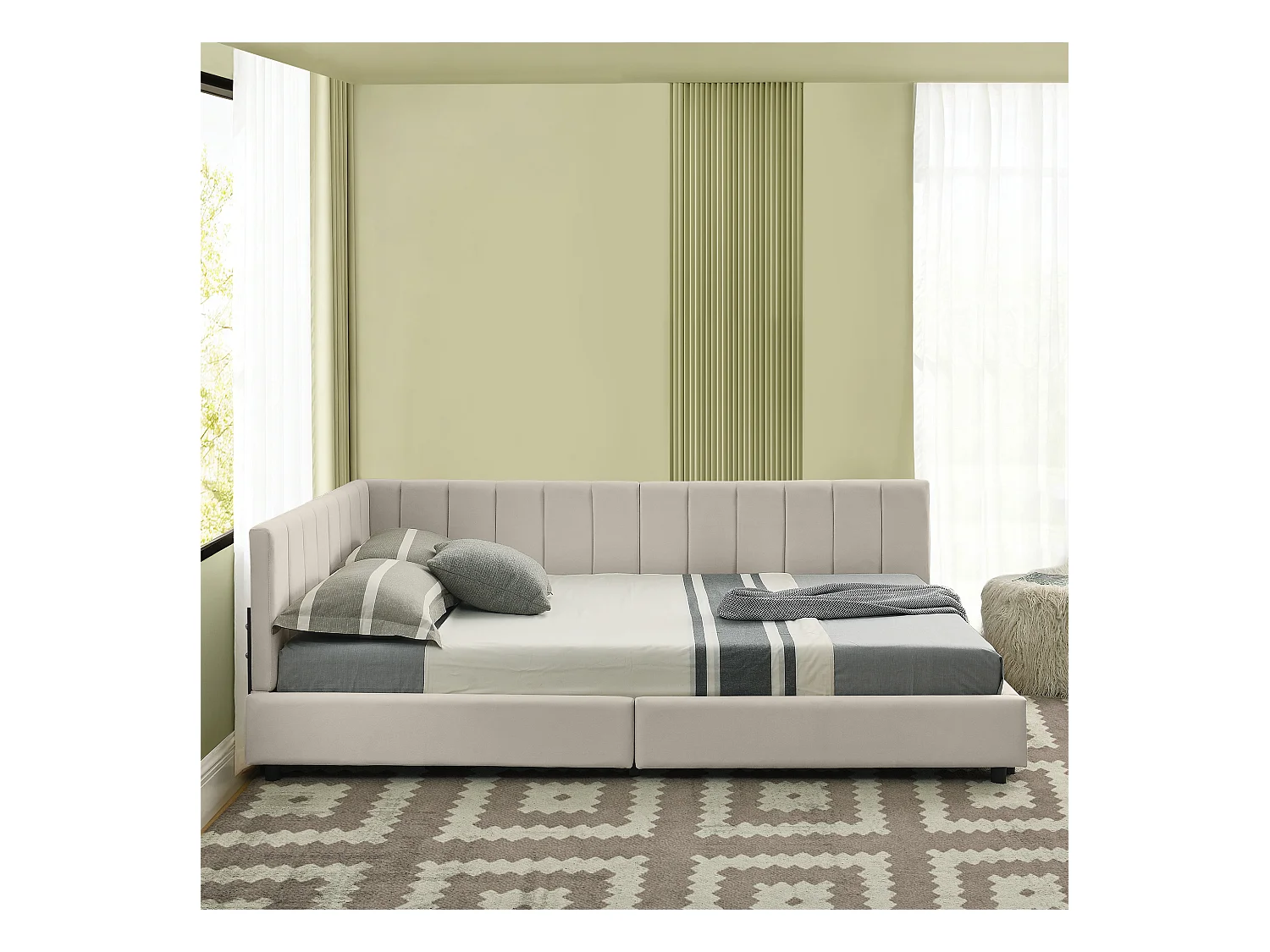 Tweepersoons slaapbank 140x200cm met hoge rugleuning, lattenbodem, beige fluweel