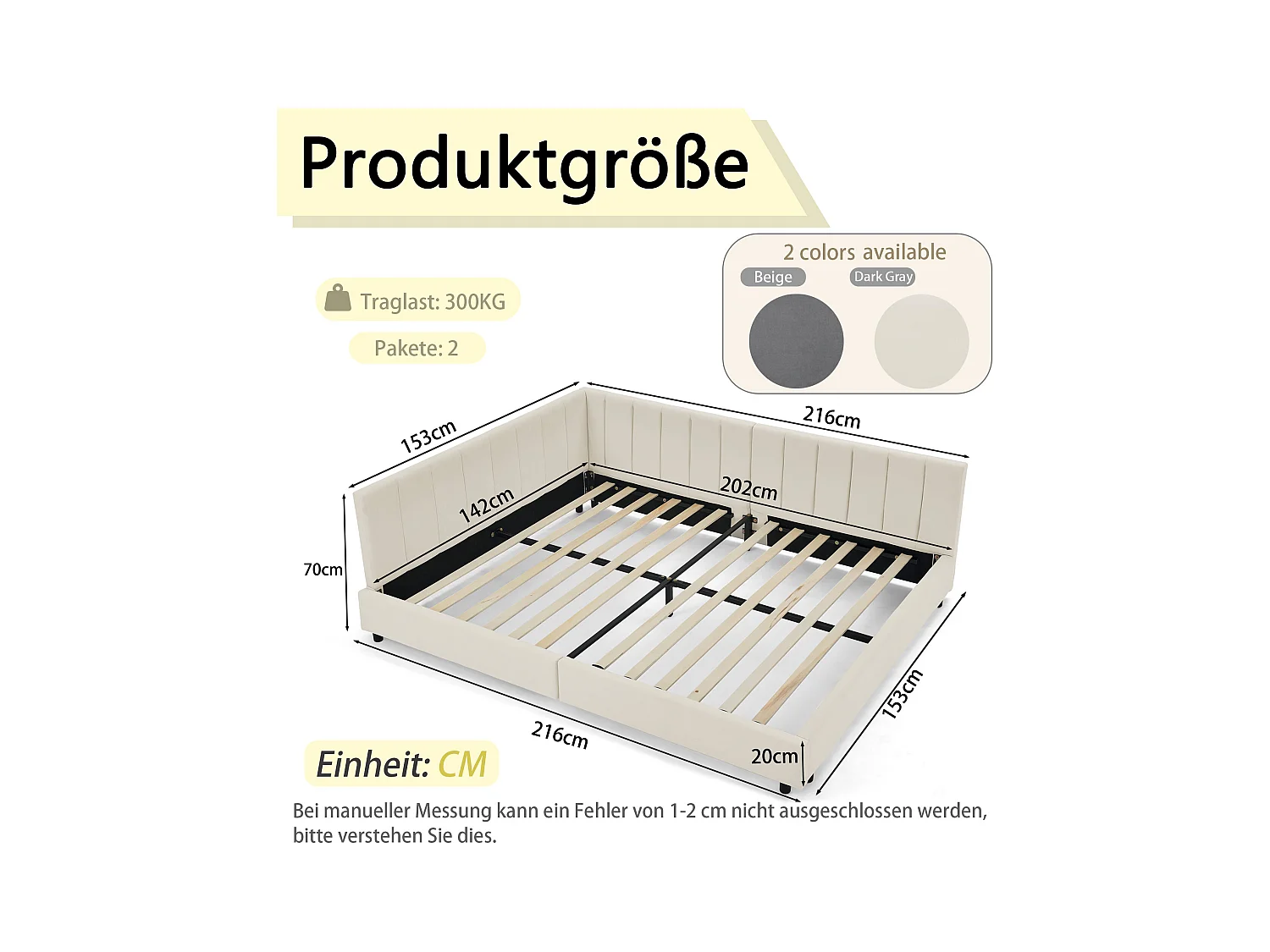 Tweepersoons slaapbank 140x200cm met hoge rugleuning, lattenbodem, beige fluweel