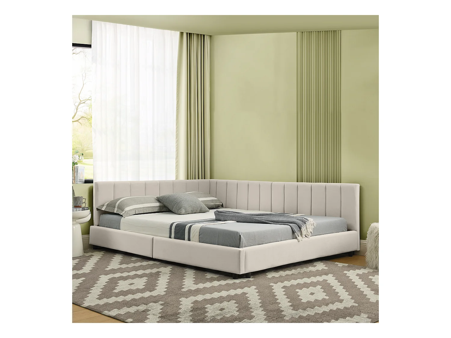 Tweepersoons slaapbank 140x200cm met hoge rugleuning, lattenbodem, beige fluweel