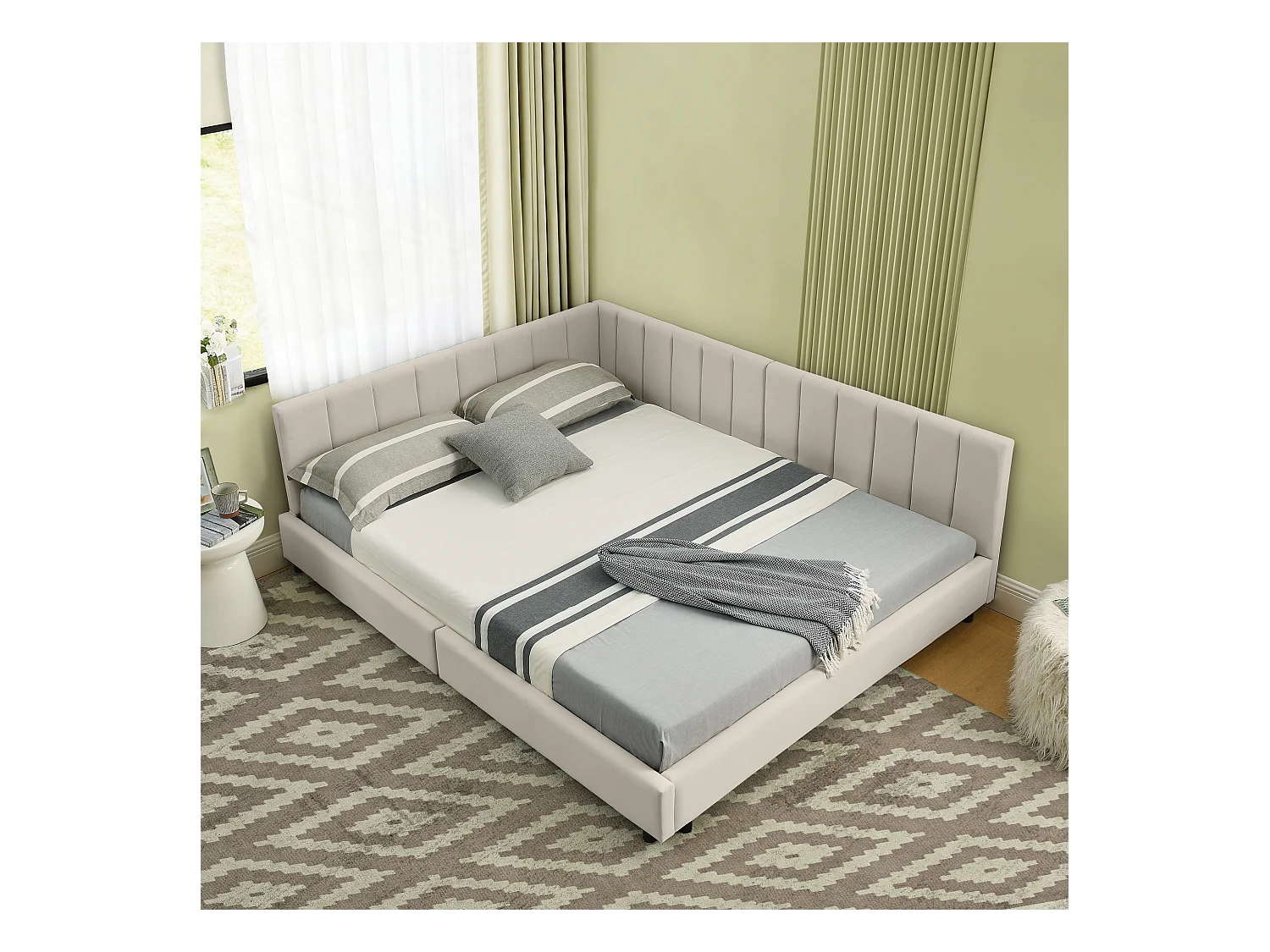 Tweepersoons slaapbank 140x200cm met hoge rugleuning, lattenbodem, beige fluweel