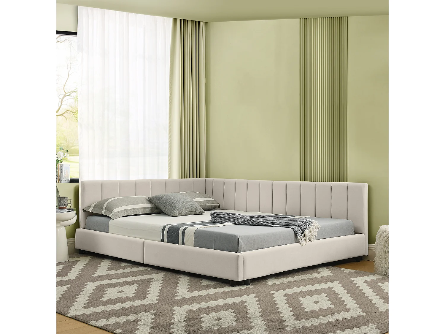 Lit banquette double 140x200cm avec dossier haut, sommier à lattes, velours beige