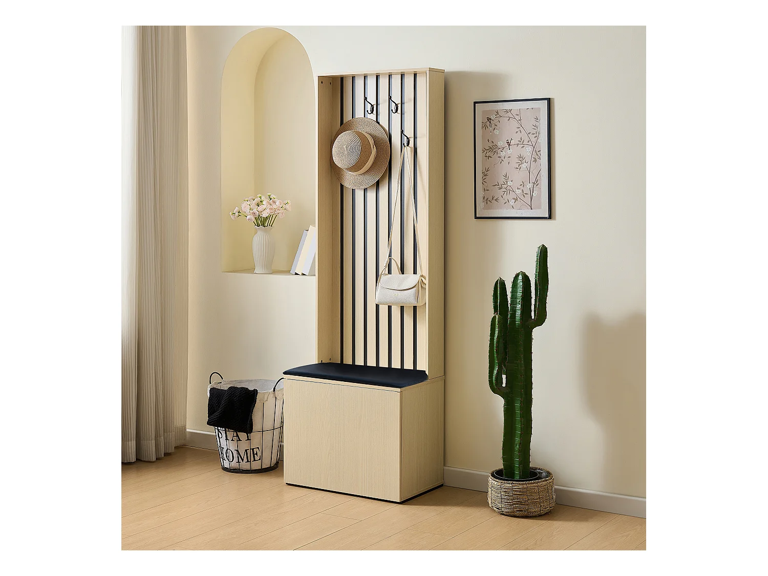 Armoire moderne avec banc et meuble de chaussures - 61 x 35 x 179.5 cm - avec 4 crochets - MDF - naturel