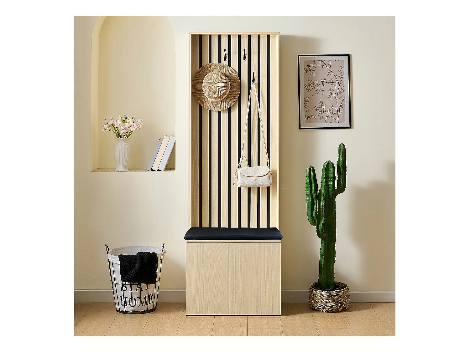 Armoire moderne avec banc et meuble de chaussures - 61 x 35 x 179.5 cm - avec 4 crochets - MDF - naturel
