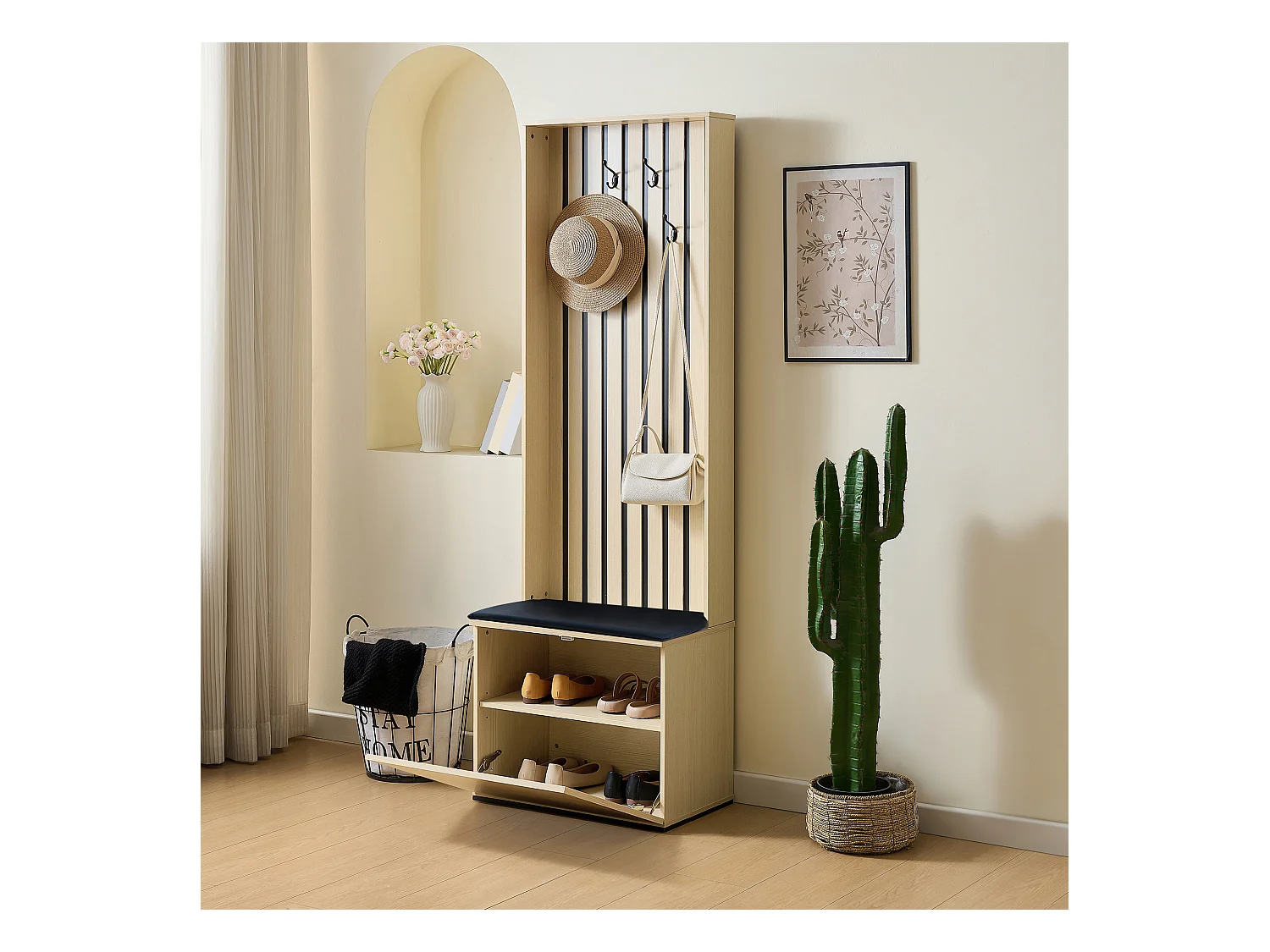Armoire moderne avec banc et meuble de chaussures - 61 x 35 x 179.5 cm - avec 4 crochets - MDF - naturel
