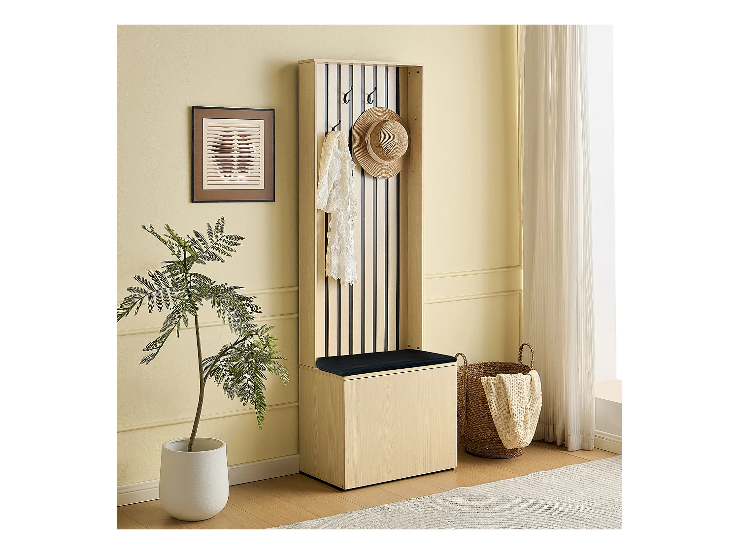 Armoire moderne avec banc et meuble de chaussures - 61 x 35 x 179.5 cm - avec 4 crochets - MDF - naturel