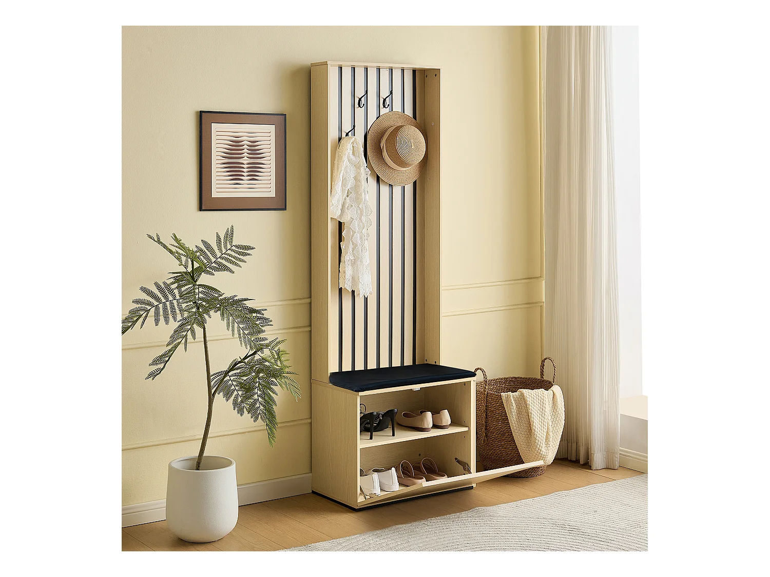 Armoire moderne avec banc et meuble de chaussures - 61 x 35 x 179.5 cm - avec 4 crochets - MDF - naturel