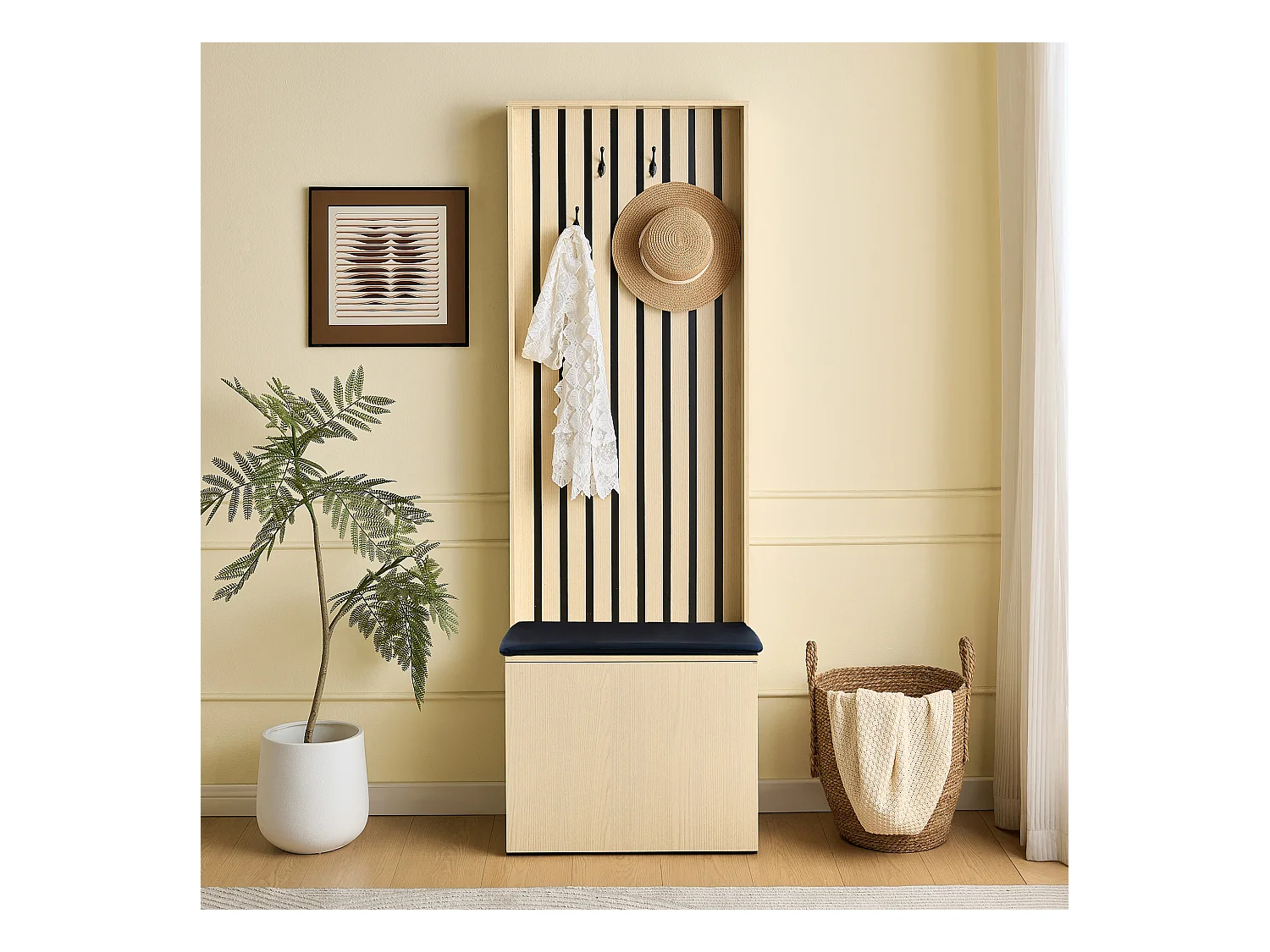 Armoire moderne avec banc et meuble de chaussures - 61 x 35 x 179.5 cm - avec 4 crochets - MDF - naturel