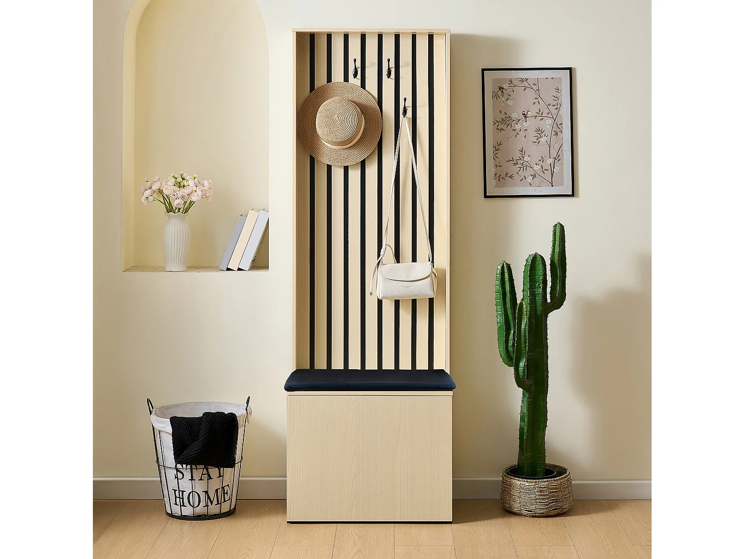 Armoire moderne avec banc et meuble de chaussures - 61 x 35 x 179.5 cm - avec 4 crochets - MDF - naturel