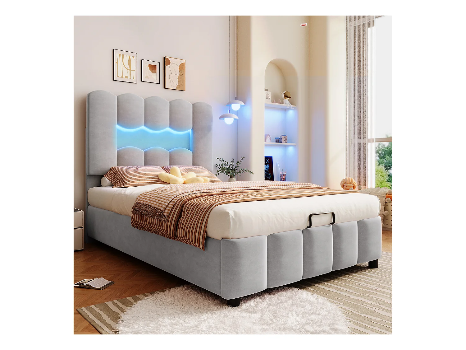 Letto singolo contenitore 90x200cm con illuminazione LED, testiera regolabile, velluto grigio