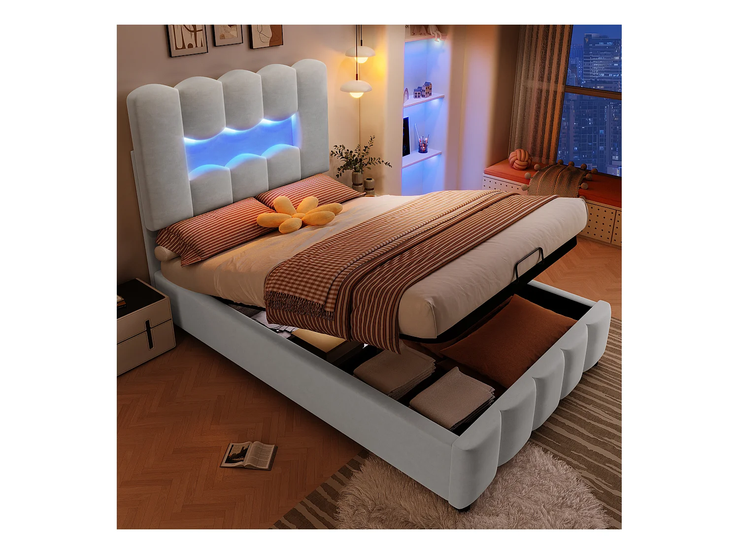 Letto singolo contenitore 90x200cm con illuminazione LED, testiera regolabile, velluto grigio