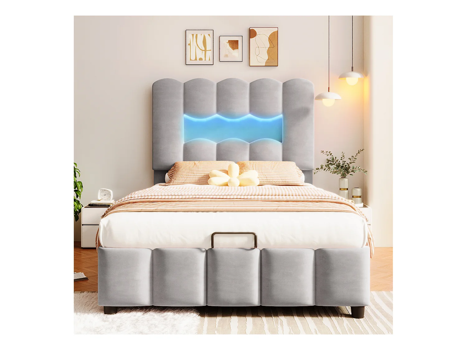 Letto singolo contenitore 90x200cm con illuminazione LED, testiera regolabile, velluto grigio