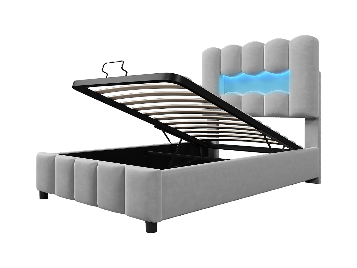 Letto singolo contenitore 90x200cm con illuminazione LED, testiera regolabile, velluto grigio