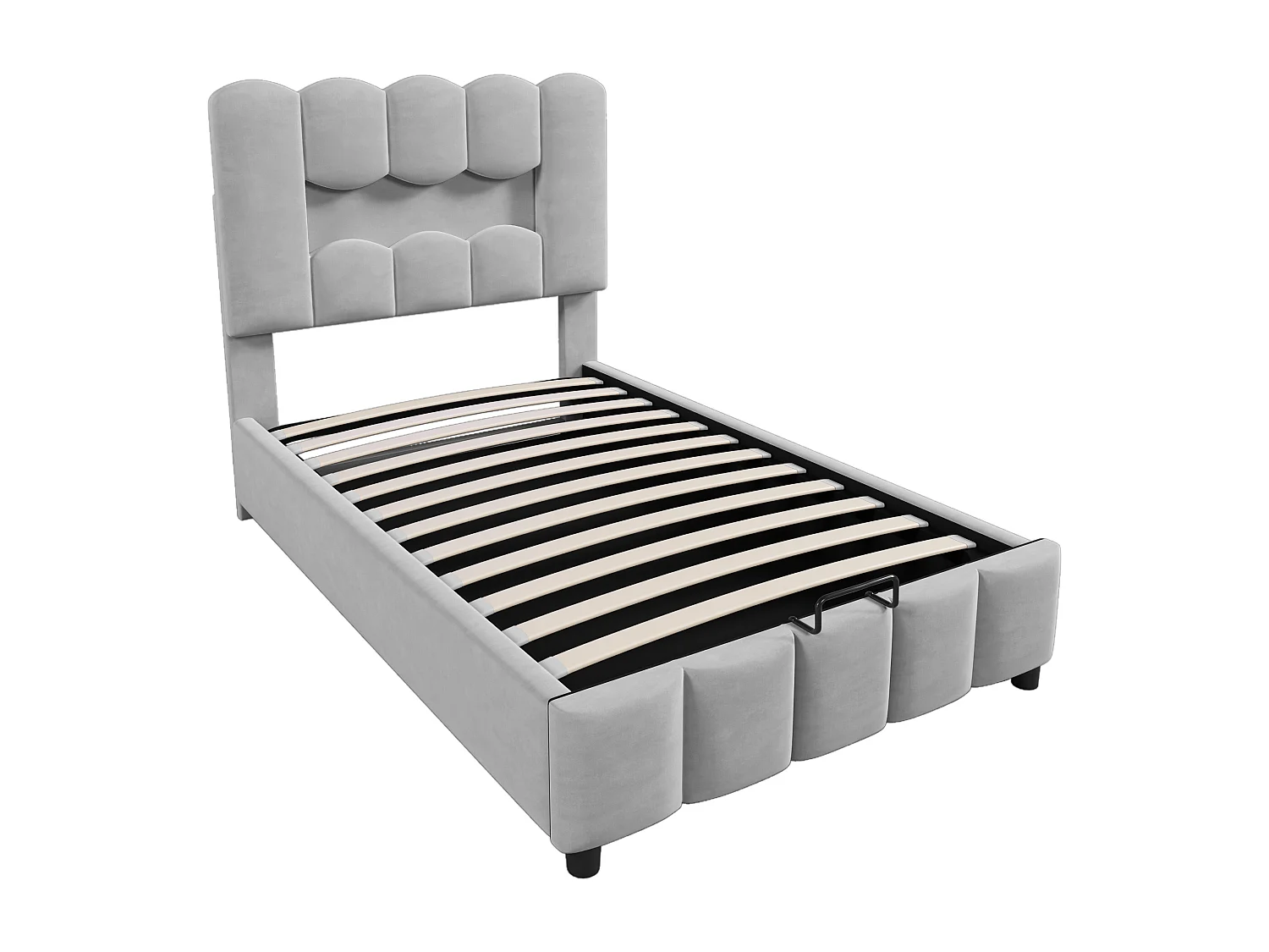 Cama de solteiro com arrumação 90x200cm com iluminação LED, cabeceira ajustável, veludo cinzento