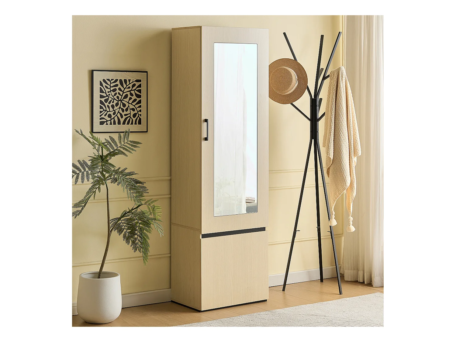 Armoire avec miroir et tringle à vêtements extensible - 54 x 34.5 x 179.5 cm - avec 2 portes - MDF - naturel
