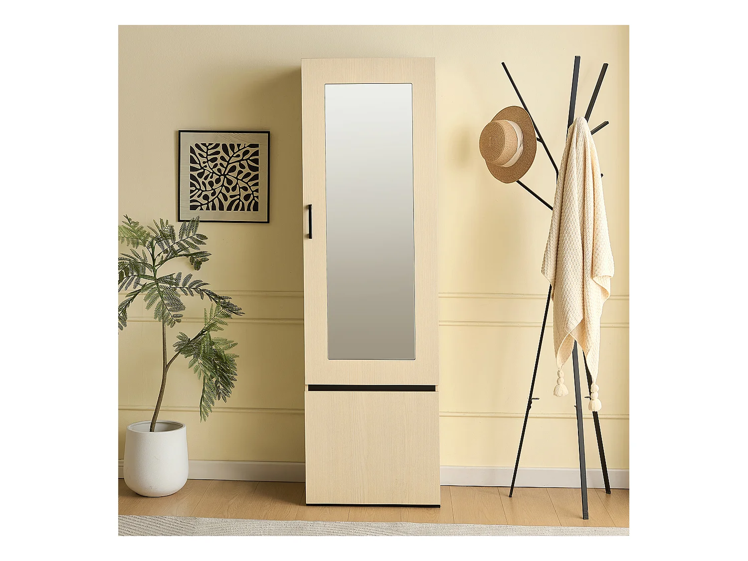 Armoire avec miroir et tringle à vêtements extensible - 54 x 34.5 x 179.5 cm - avec 2 portes - MDF - naturel