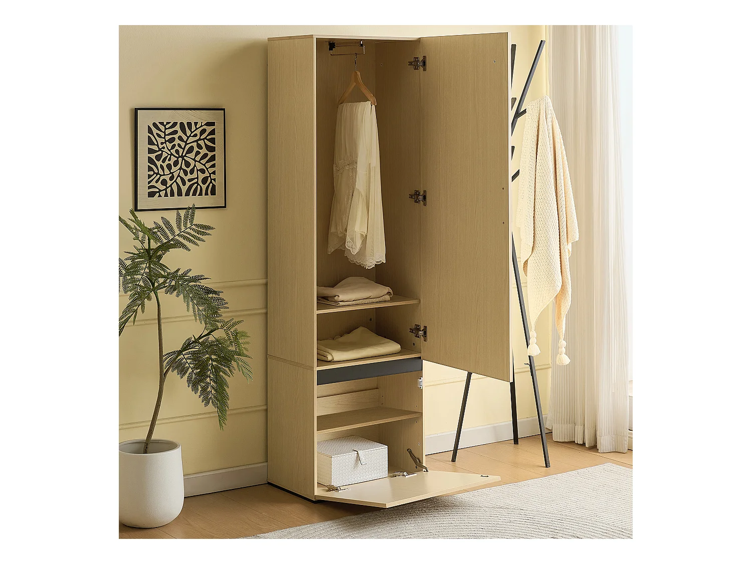 Armoire avec miroir et tringle à vêtements extensible - 54 x 34.5 x 179.5 cm - avec 2 portes - MDF - naturel
