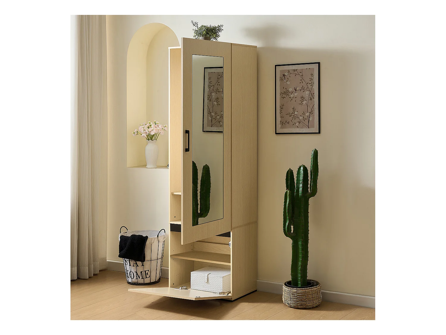Armoire avec miroir et tringle à vêtements extensible - 54 x 34.5 x 179.5 cm - avec 2 portes - MDF - naturel