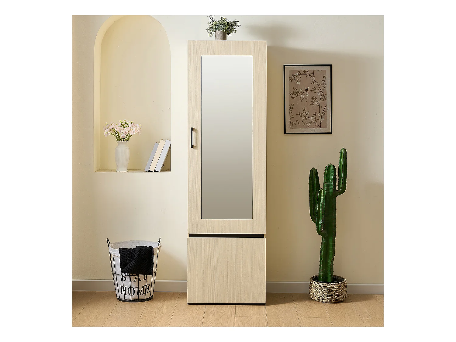 Armoire avec miroir et tringle à vêtements extensible - 54 x 34.5 x 179.5 cm - avec 2 portes - MDF - naturel