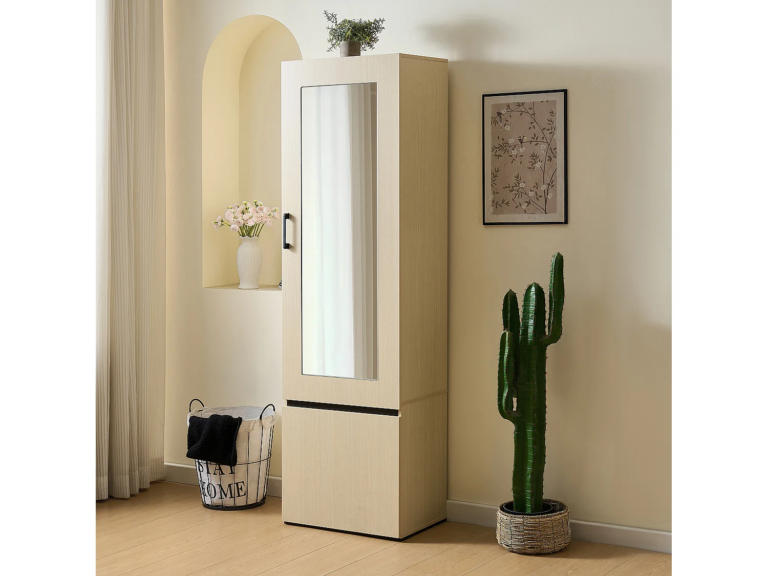 Armoire avec miroir et tringle à vêtements extensible - 54 x 34.5 x 179.5 cm - avec 2 portes - MDF - naturel