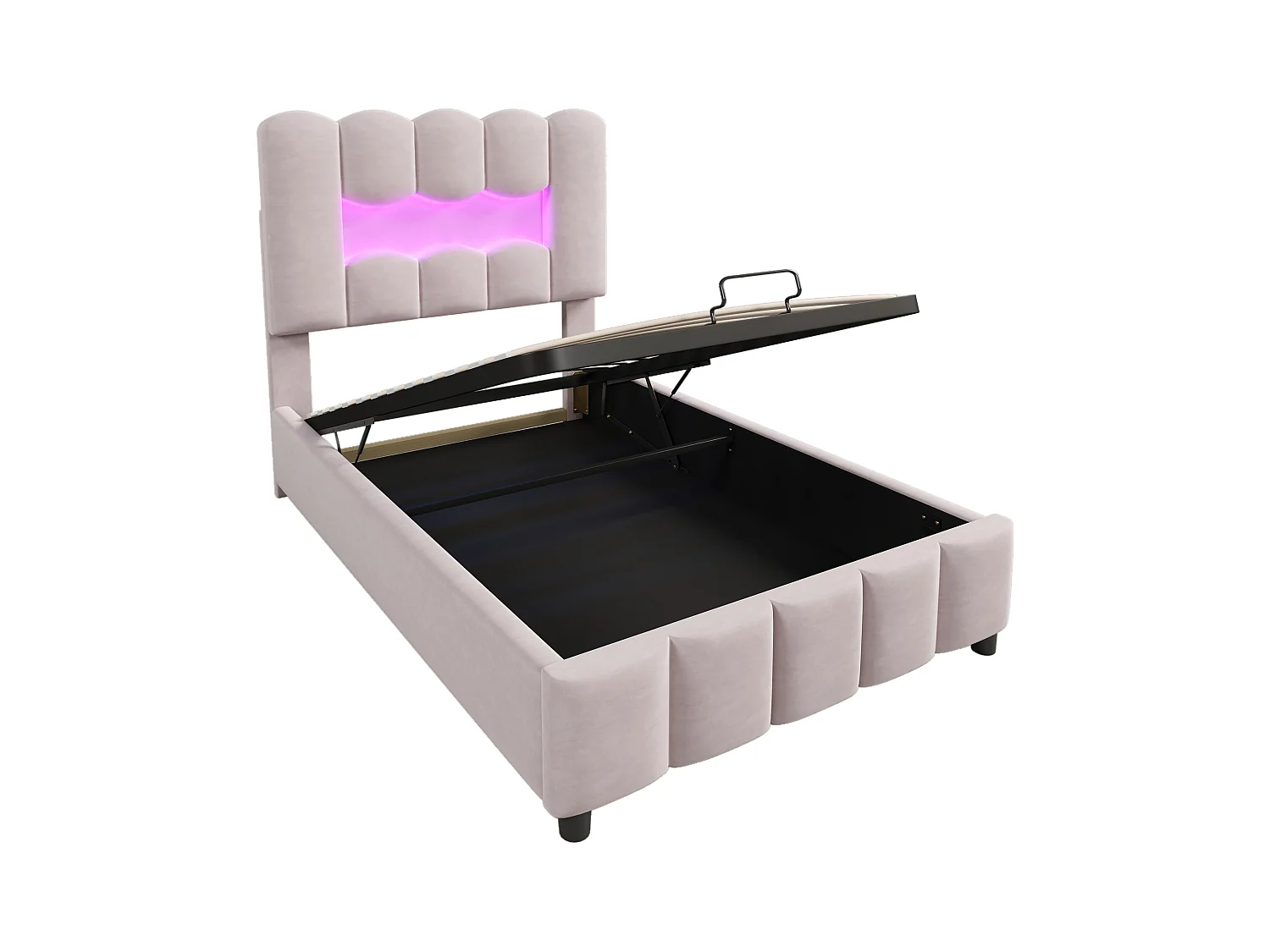 Letto singolo contenitore 90x200cm con illuminazione LED, testiera regolabile, velluto rosa