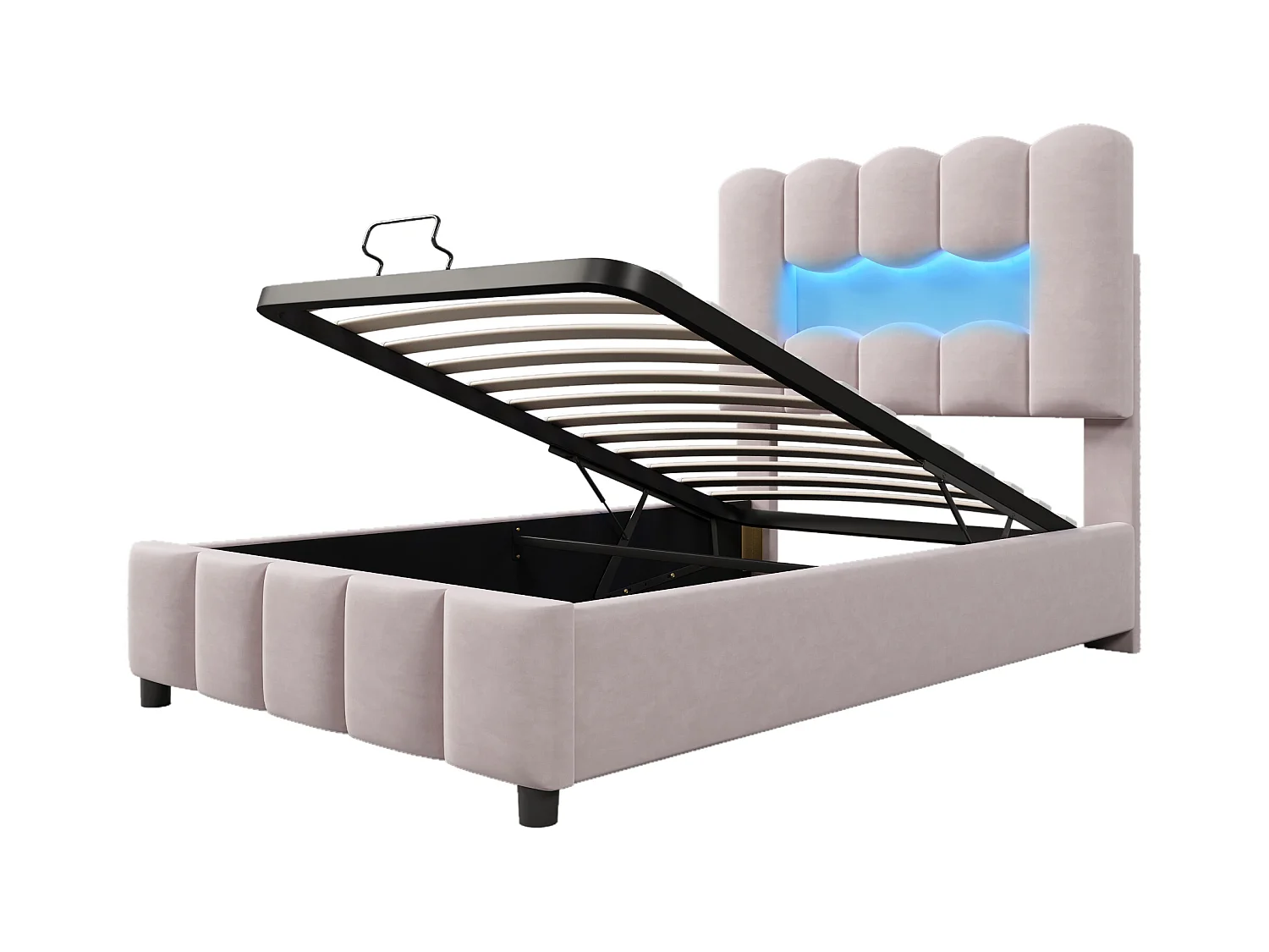 Letto singolo contenitore 90x200cm con illuminazione LED, testiera regolabile, velluto rosa