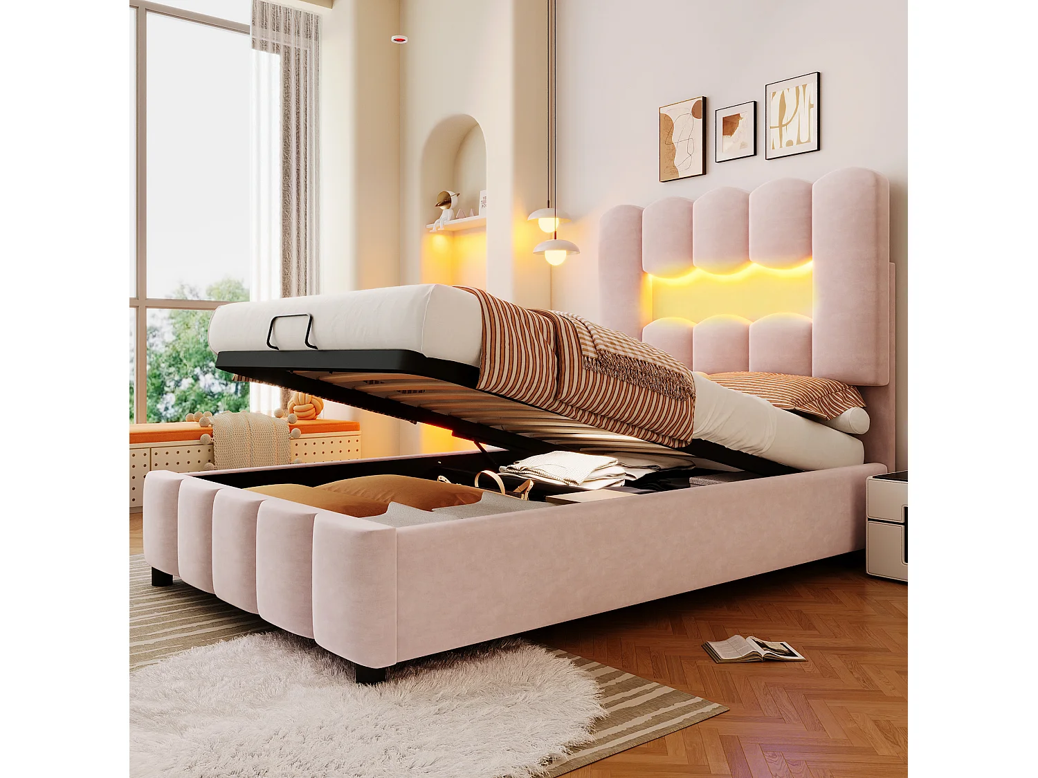Cama de solteiro com arrumação 90x200cm com iluminação LED, cabeceira ajustável, veludo rosa