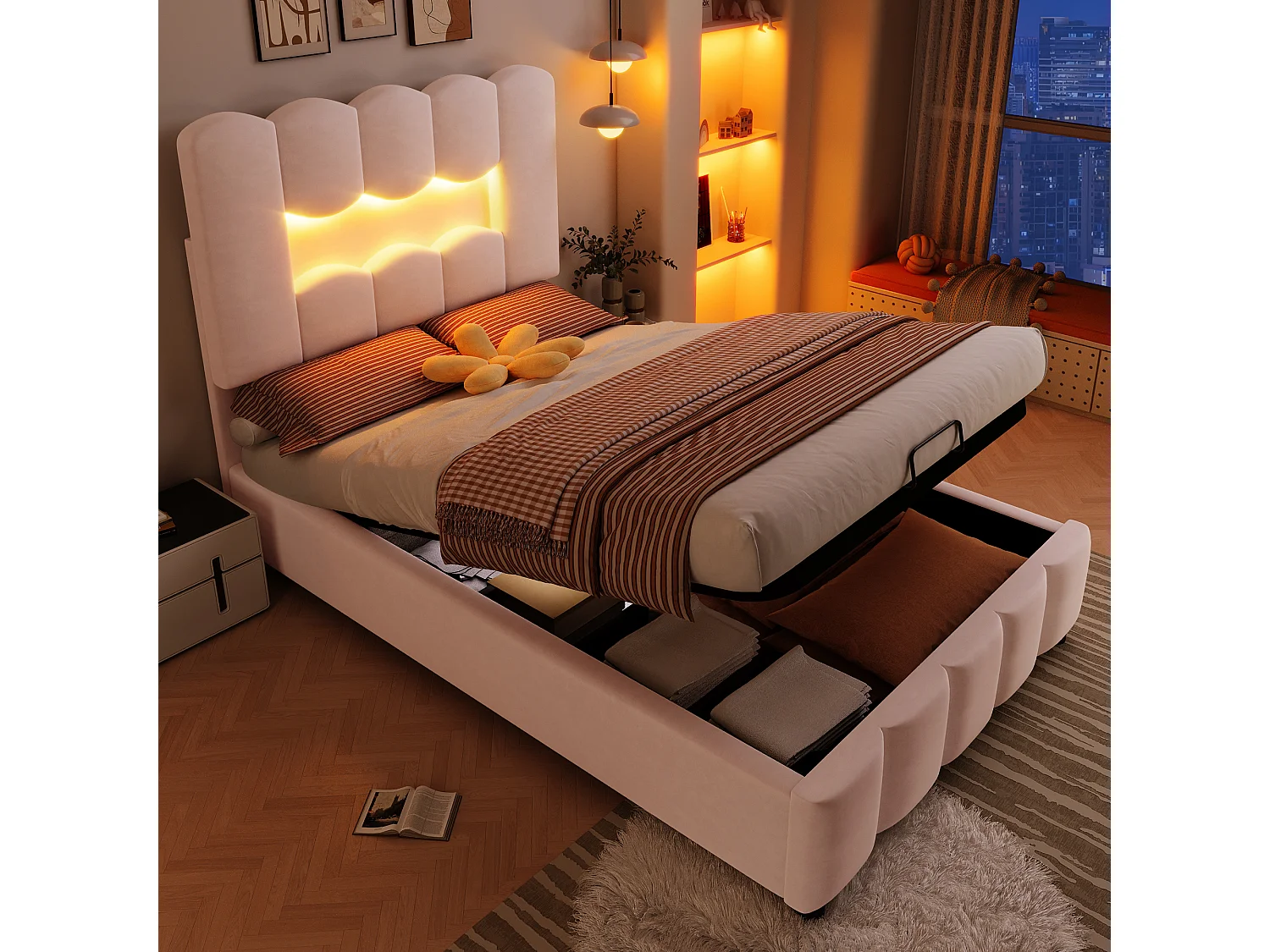 Cama de solteiro com arrumação 90x200cm com iluminação LED, cabeceira ajustável, veludo rosa