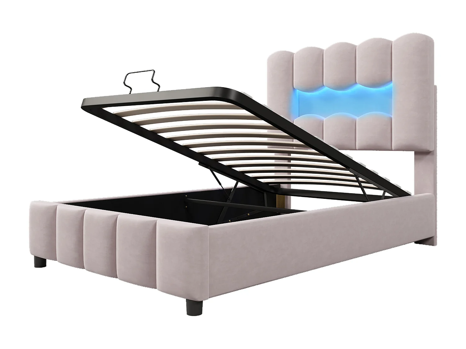 Cama de solteiro com arrumação 90x200cm com iluminação LED, cabeceira ajustável, veludo rosa