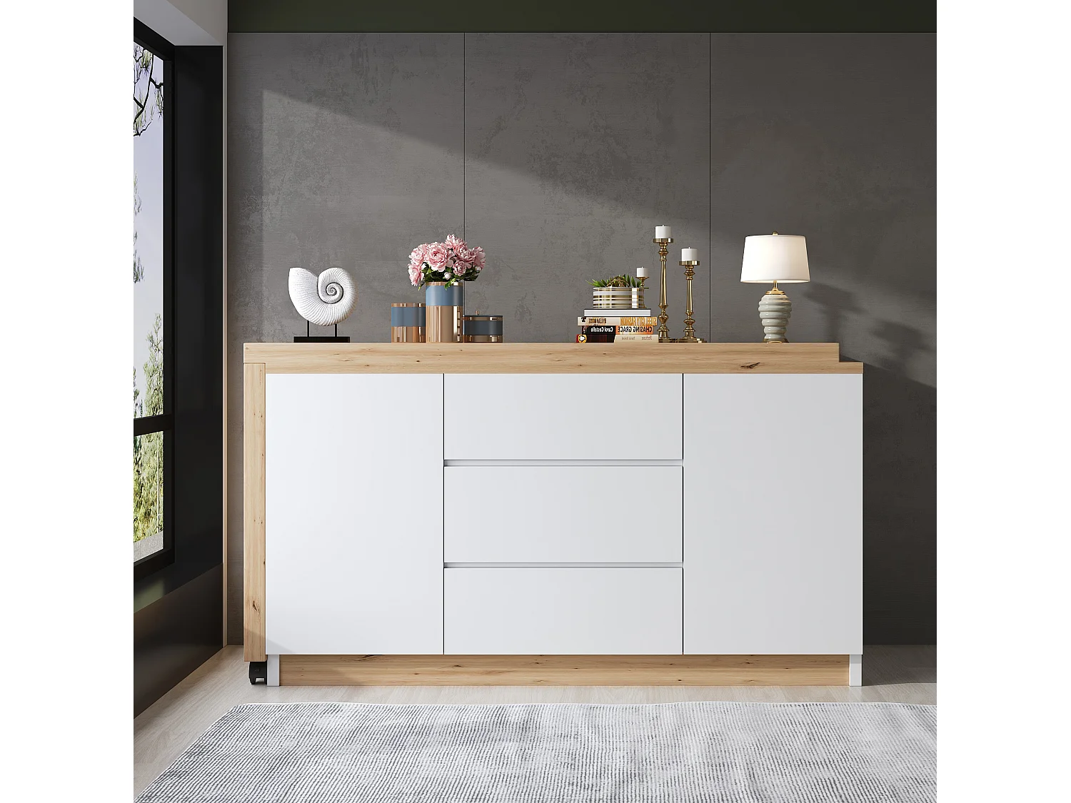 Bureau extensible avec plateau pivotant, 3 tiroirs et 2 portes, panneaux de particules, couleur chêne et blanc