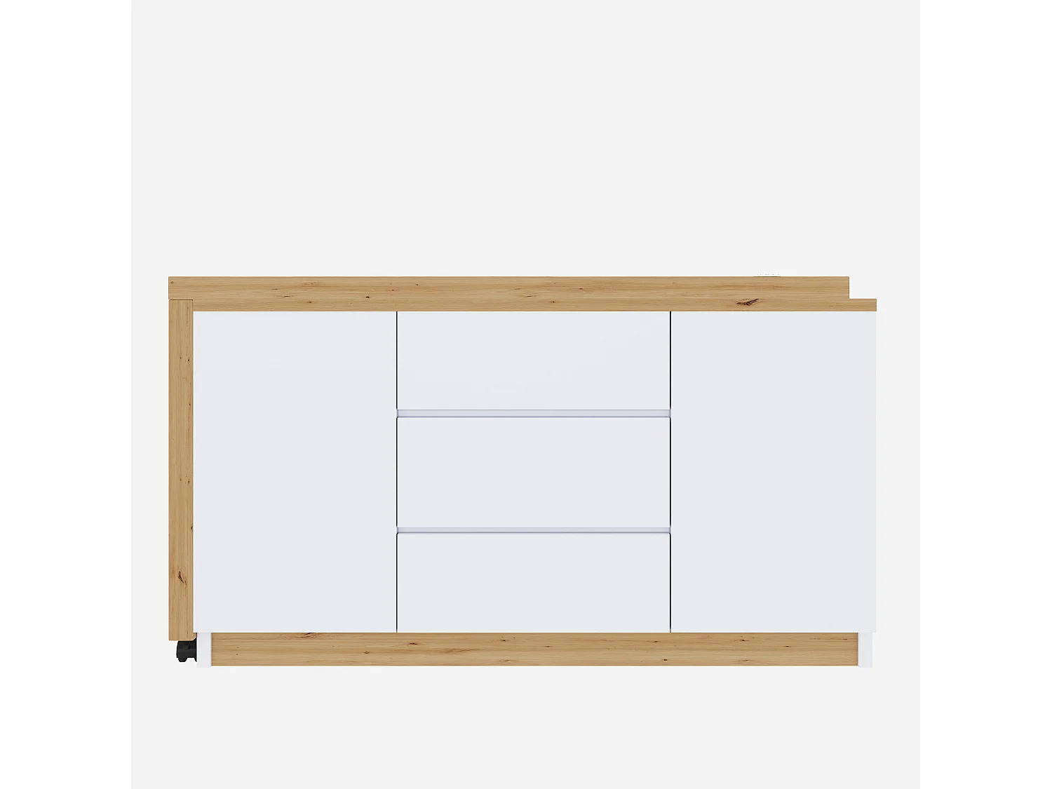 Bureau extensible avec plateau pivotant, 3 tiroirs et 2 portes, panneaux de particules, couleur chêne et blanc