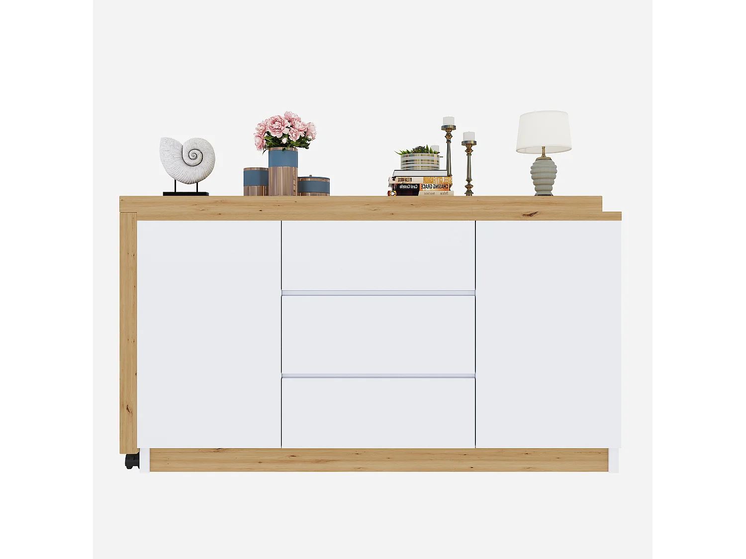 Bureau extensible avec plateau pivotant, 3 tiroirs et 2 portes, panneaux de particules, couleur chêne et blanc