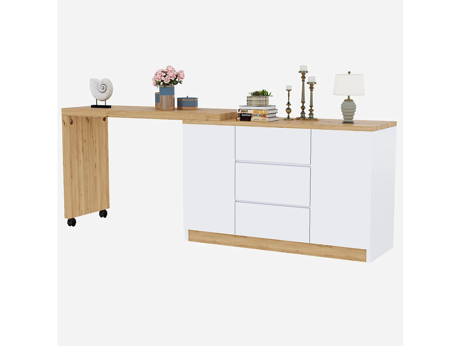 Bureau extensible avec plateau pivotant, 3 tiroirs et 2 portes, panneaux de particules, couleur chêne et blanc