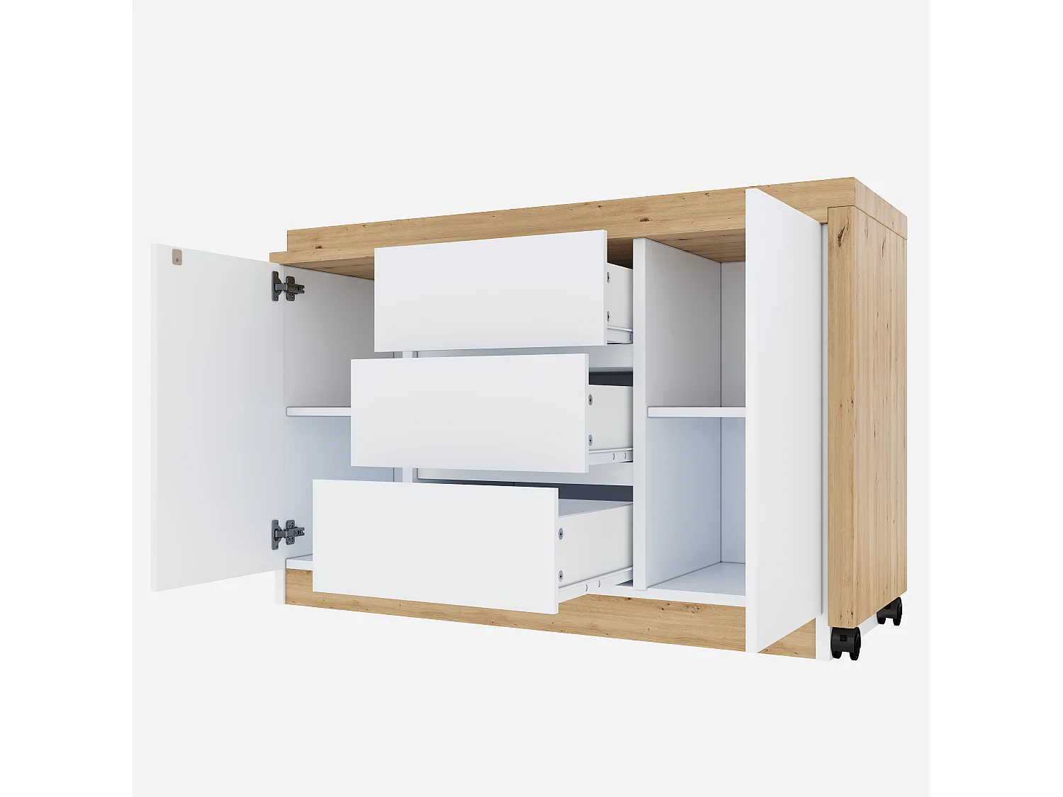 Bureau extensible avec plateau pivotant, 3 tiroirs et 2 portes, panneaux de particules, couleur chêne et blanc