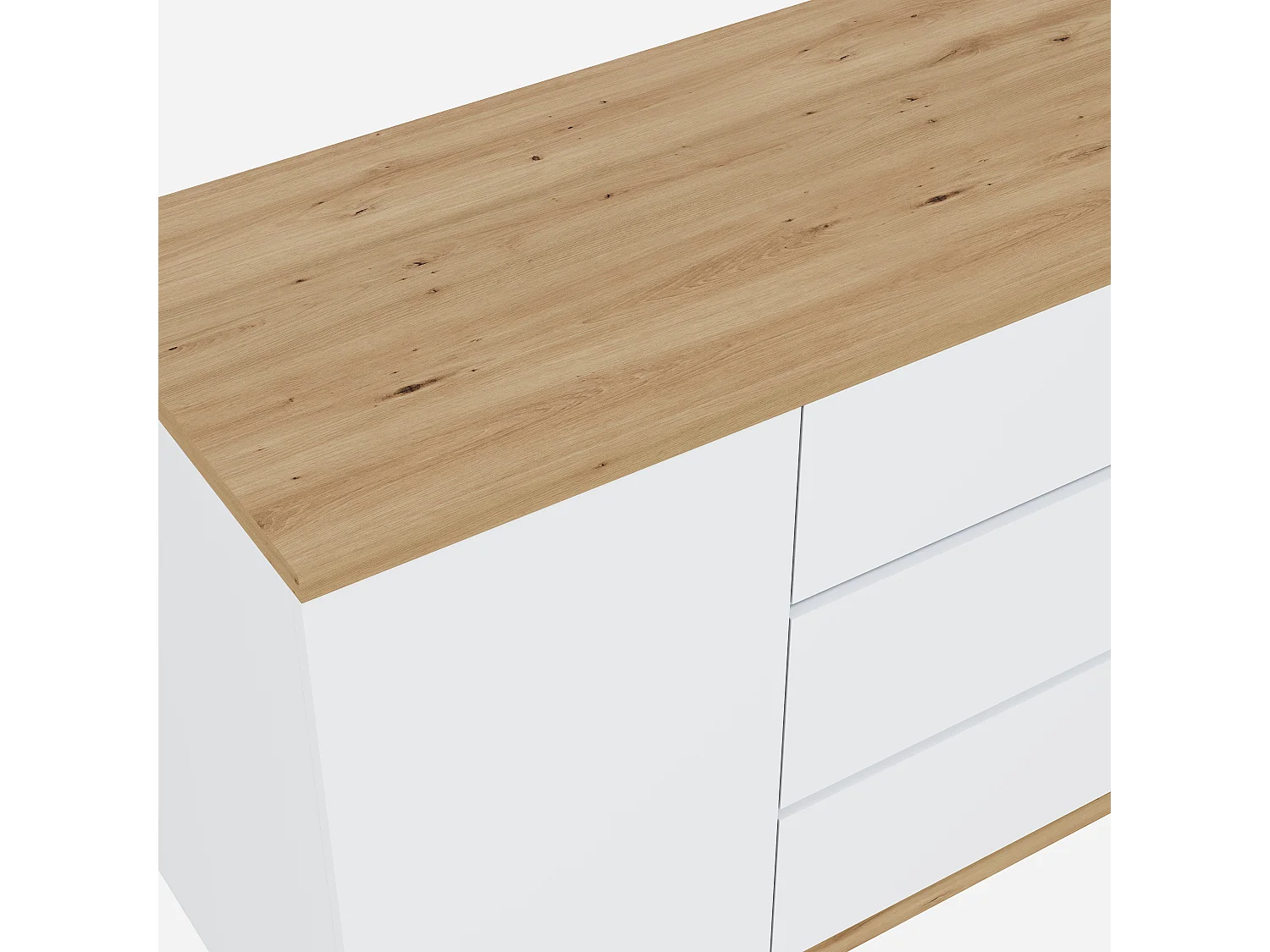 Bureau extensible avec plateau pivotant, 3 tiroirs et 2 portes, panneaux de particules, couleur chêne et blanc