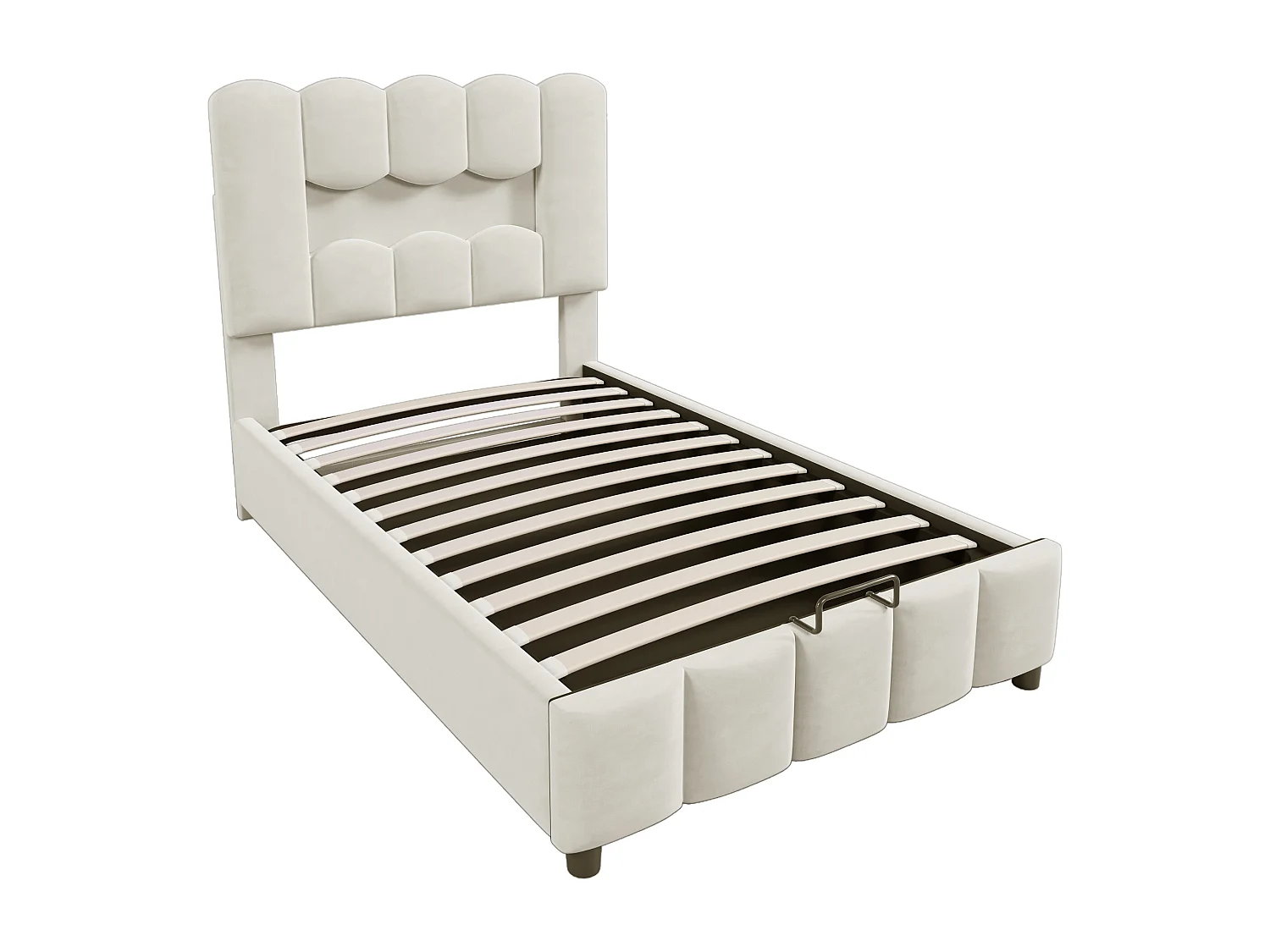 Cama de solteiro com arrumação 90x200cm com iluminação LED, cabeceira ajustável, veludo bege