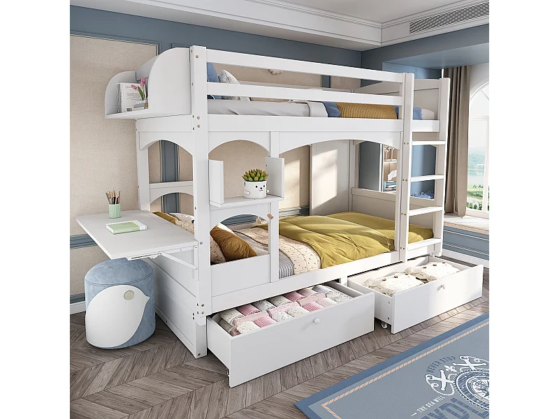 Letto a castello per bambini 90x200 cm con 2 cassetti, scrivania pieghevole e ripiano, rete a doghe, bianco