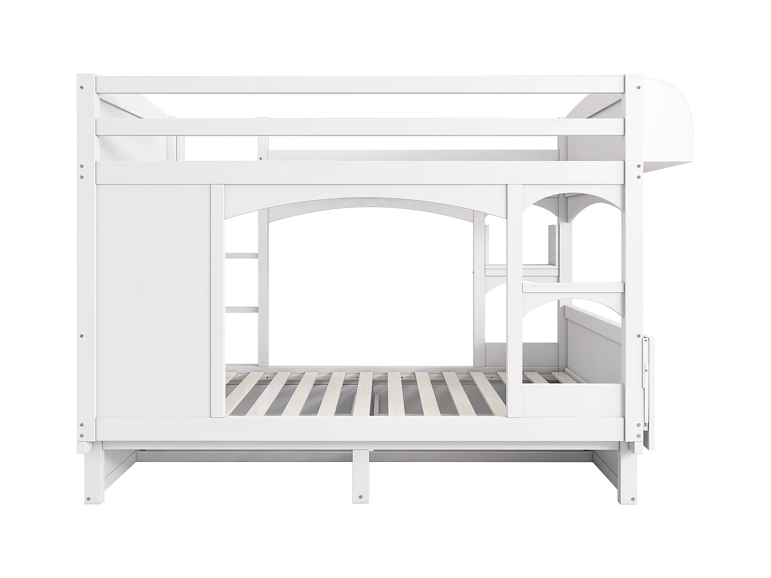 Letto a castello per bambini 90x200 cm con 2 cassetti, scrivania pieghevole e ripiano, rete a doghe, bianco