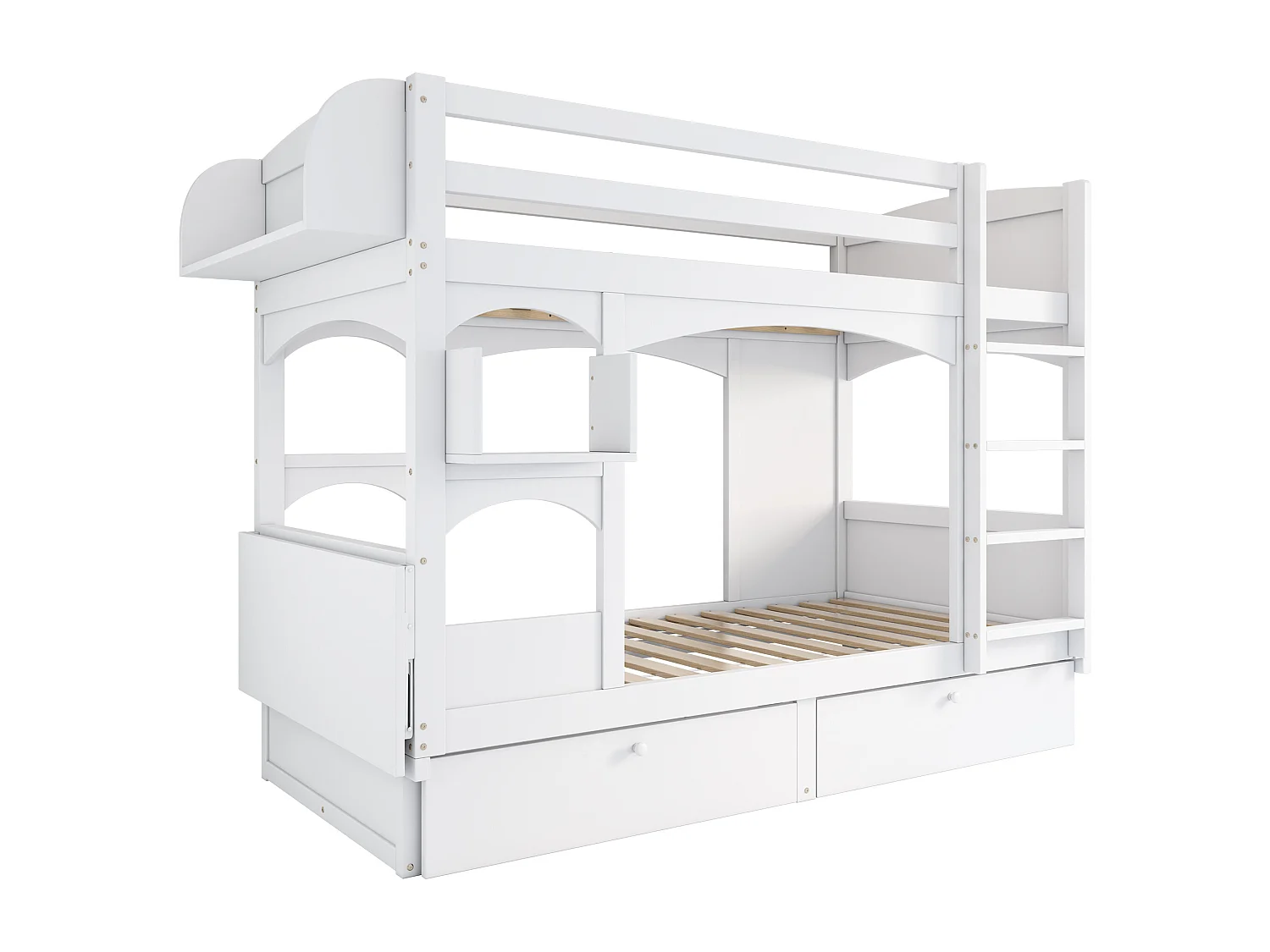 Lit superposé enfant 90x200 cm avec 2 tiroirs, bureau rabattable et étagère, sommier à lattes, blanc