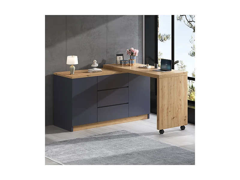 Scrivania allungabile con piano girevole, 3 cassetti e 2 ante, pannello truciolare, naturale e grigio