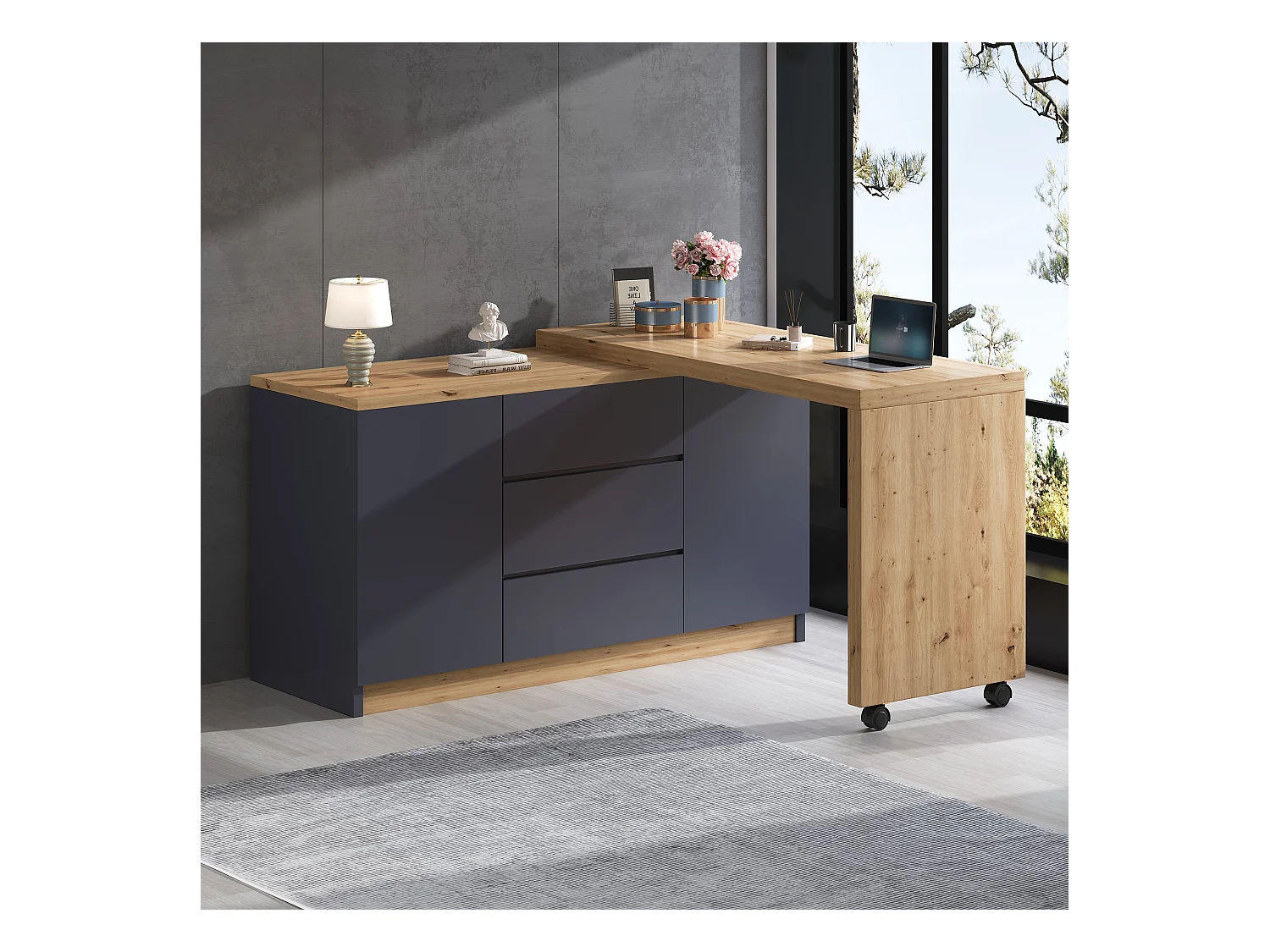 Scrivania allungabile con piano girevole, 3 cassetti e 2 ante, pannello truciolare, naturale e grigio