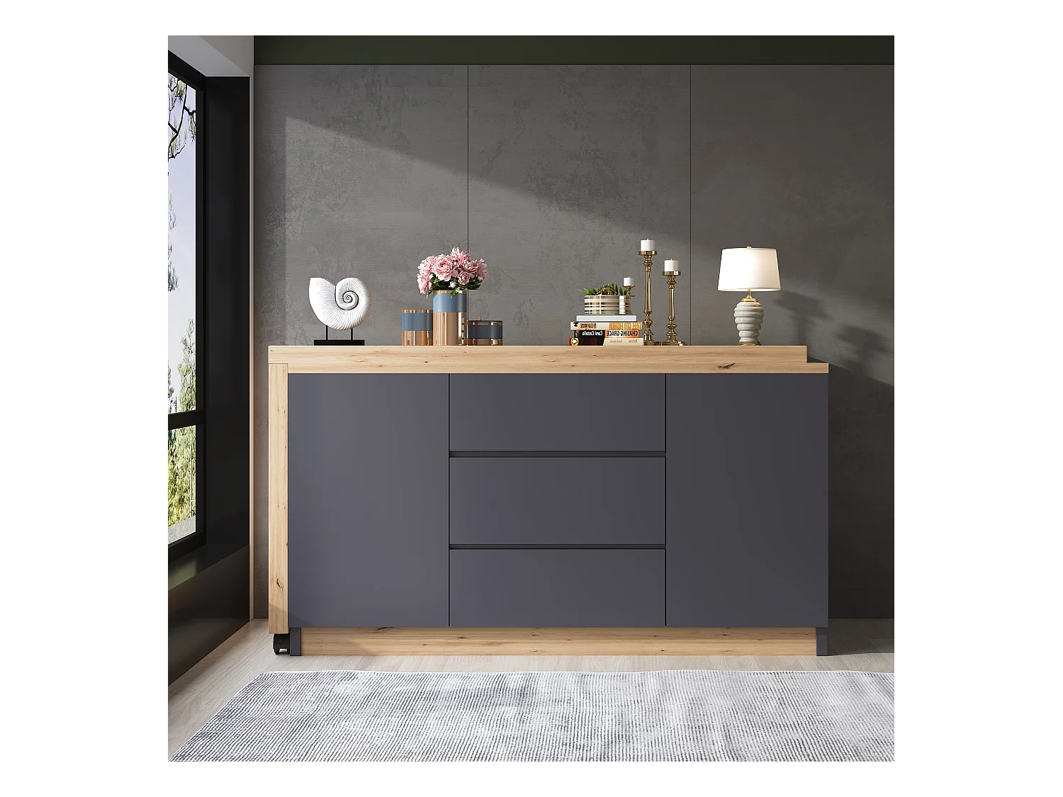 Scrivania allungabile con piano girevole, 3 cassetti e 2 ante, pannello truciolare, naturale e grigio