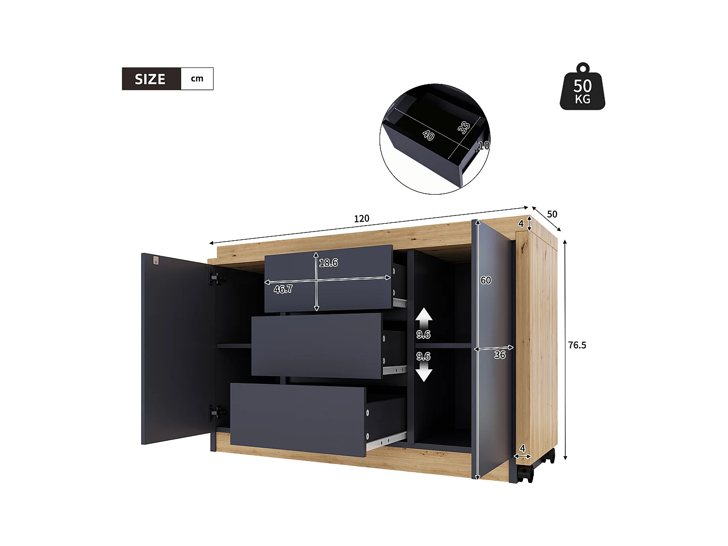 Scrivania allungabile con piano girevole, 3 cassetti e 2 ante, pannello truciolare, naturale e grigio