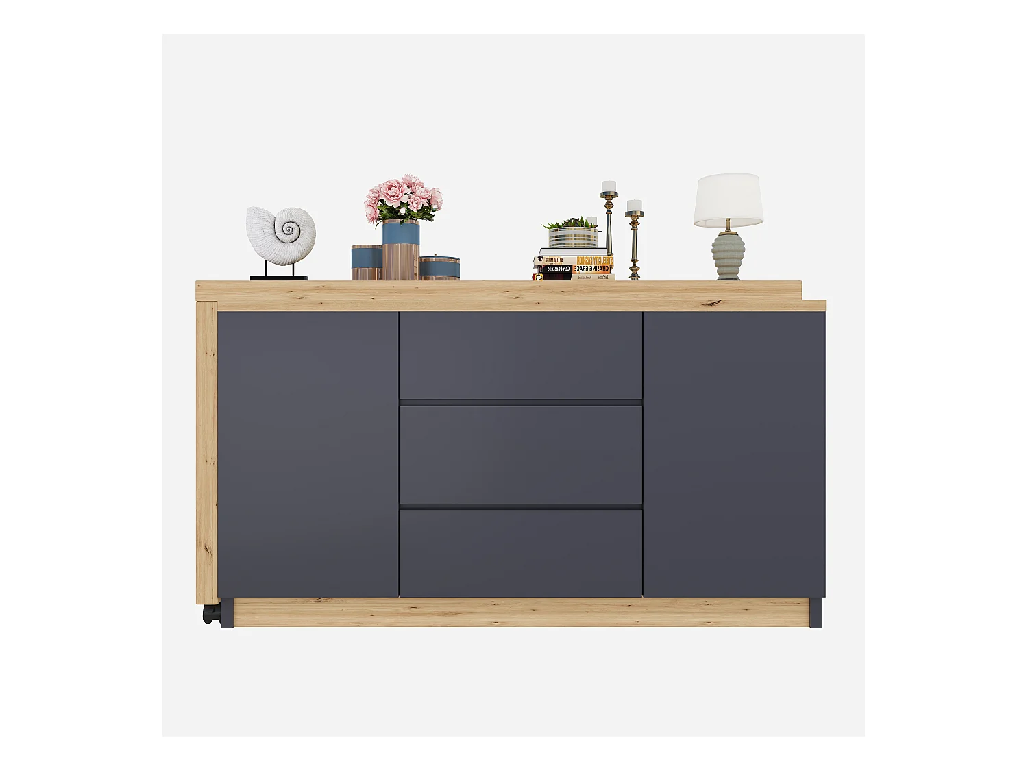 Scrivania allungabile con piano girevole, 3 cassetti e 2 ante, pannello truciolare, naturale e grigio