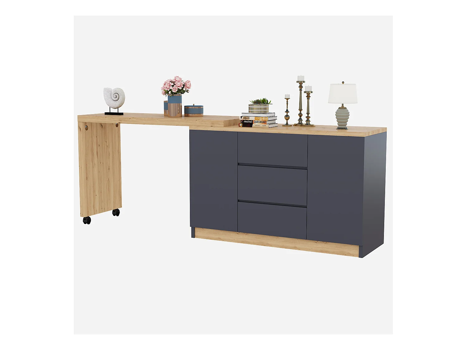 Scrivania allungabile con piano girevole, 3 cassetti e 2 ante, pannello truciolare, naturale e grigio