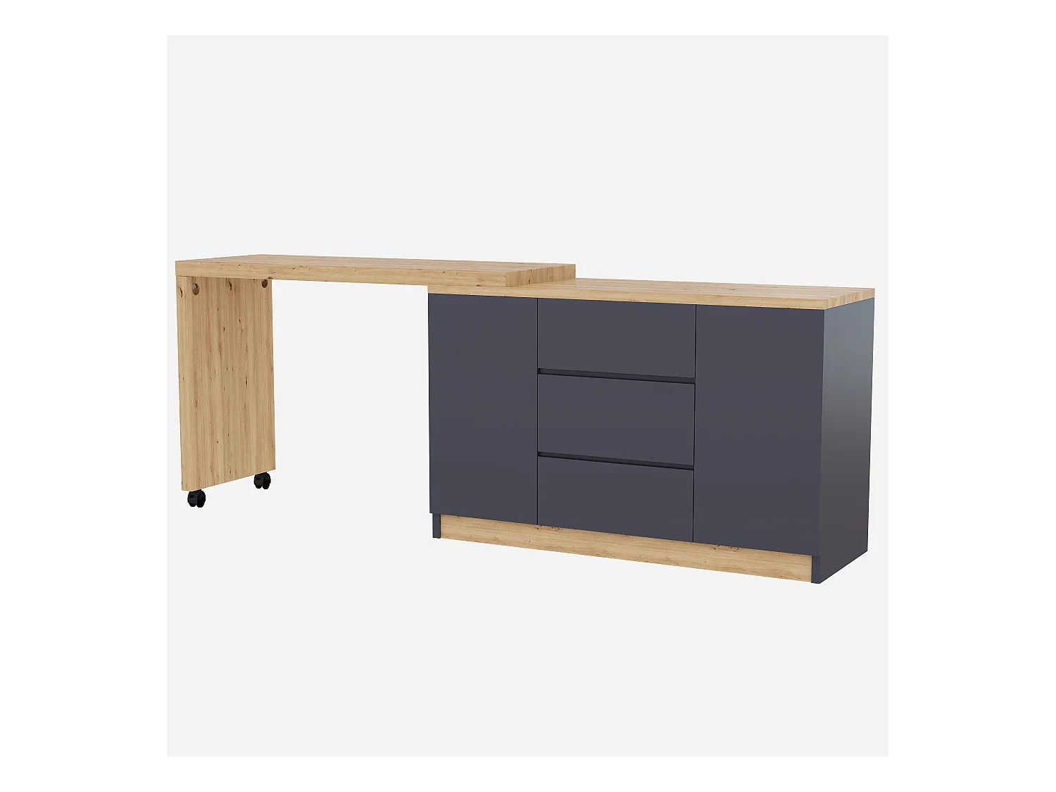 Scrivania allungabile con piano girevole, 3 cassetti e 2 ante, pannello truciolare, naturale e grigio