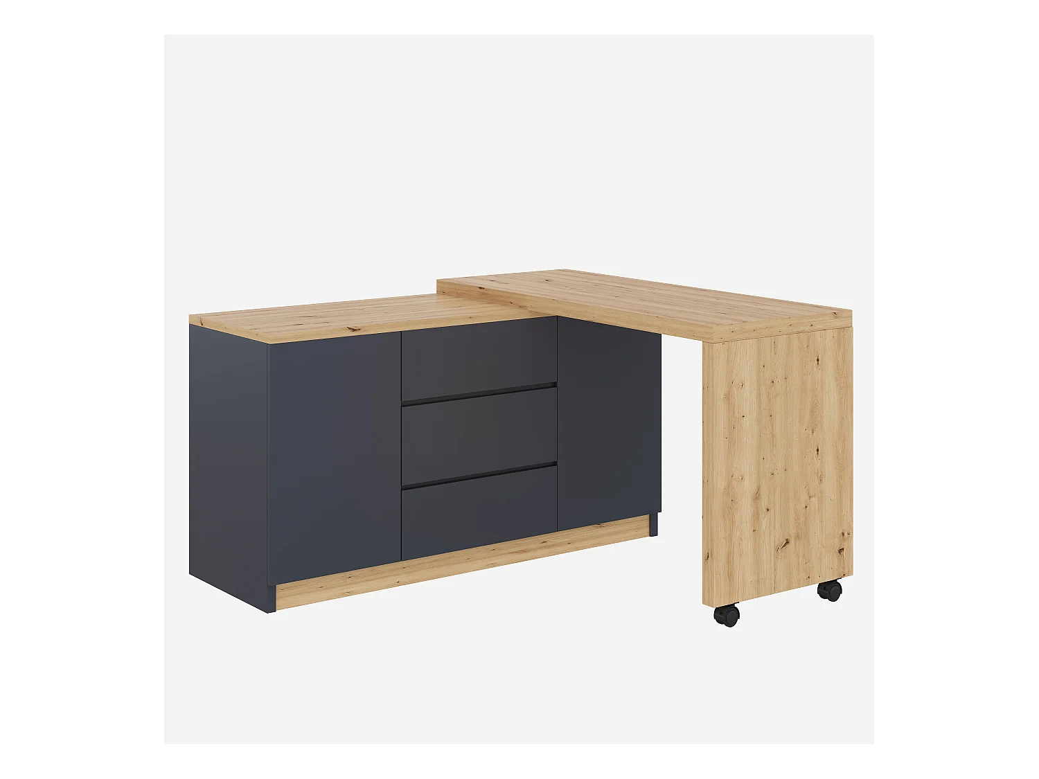 Scrivania allungabile con piano girevole, 3 cassetti e 2 ante, pannello truciolare, naturale e grigio