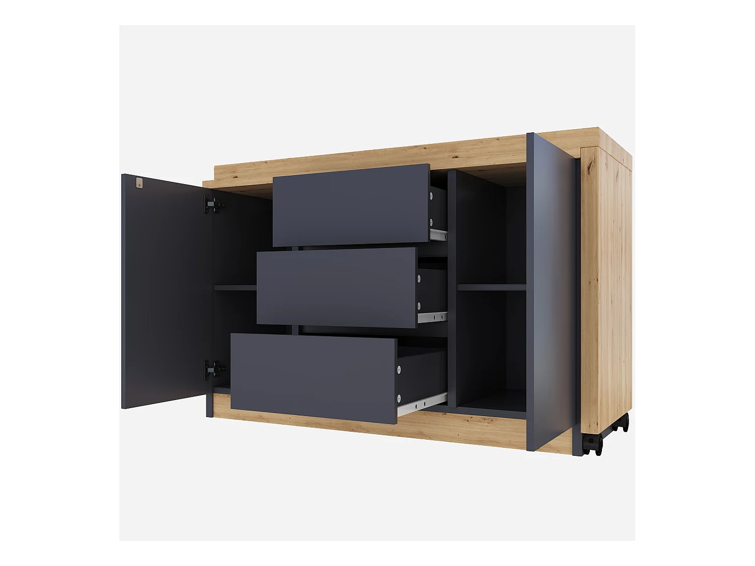 Scrivania allungabile con piano girevole, 3 cassetti e 2 ante, pannello truciolare, naturale e grigio